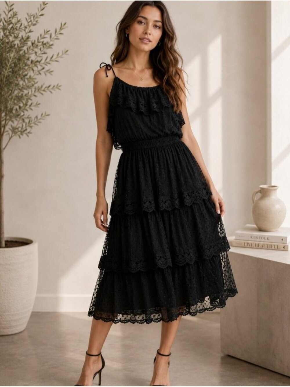 MISA Los Angeles Alyin Black Lace Swiss Dot Tiered Midi Dress NWT  0304